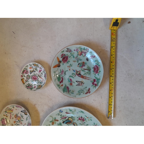 106 - 4 x 19th century Chinese Famille Rose plates : 2 x celadon with character mark sub verso and 2 x oth... 