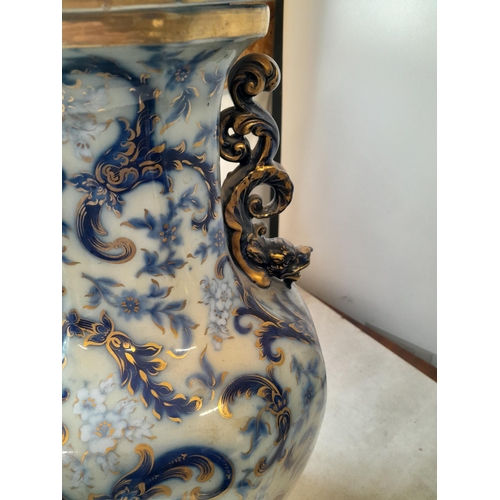110 - Rare and elegant large mid 19th century Staffordshire pottery flow blue white and gilt vase with lid... 