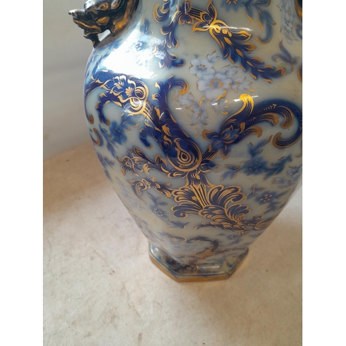 110 - Rare and elegant large mid 19th century Staffordshire pottery flow blue white and gilt vase with lid... 