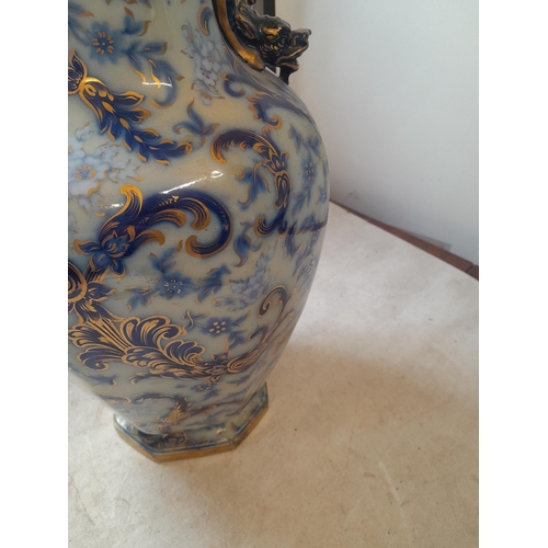 110 - Rare and elegant large mid 19th century Staffordshire pottery flow blue white and gilt vase with lid... 