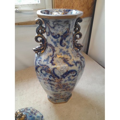 110 - Rare and elegant large mid 19th century Staffordshire pottery flow blue white and gilt vase with lid... 