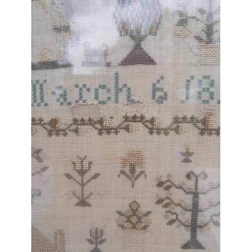 111 - Antique sampler later frame now as fire screen : March 6th 1829 Leah Galley, some restoration