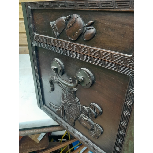 114 - 19th century Chinese hardwood travelling trunk with carved decoration, mythical animals and charms, ... 