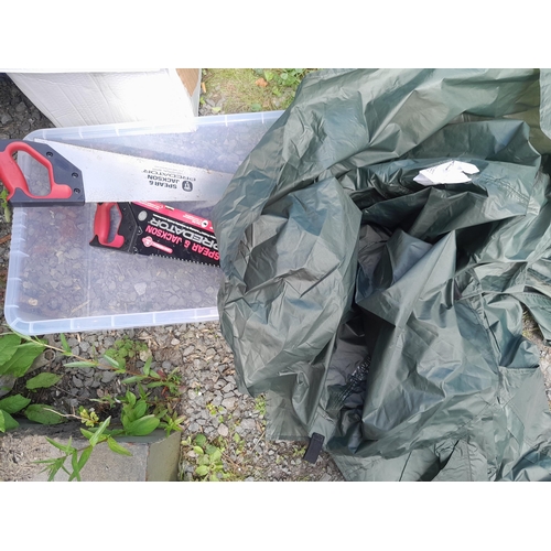 169 - Some New Old Stock : army fatigues, camping items, 2 x saws