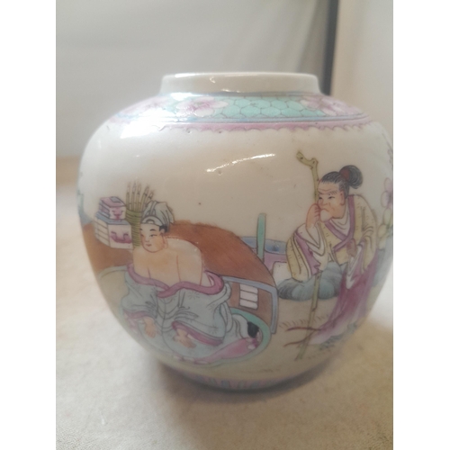 186 - 2 x Famille Rose Chinese pottery ginger jars decorated with playing children, note lid restored