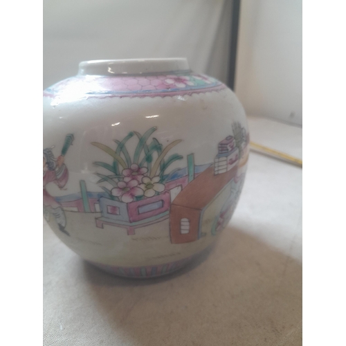 186 - 2 x Famille Rose Chinese pottery ginger jars decorated with playing children, note lid restored