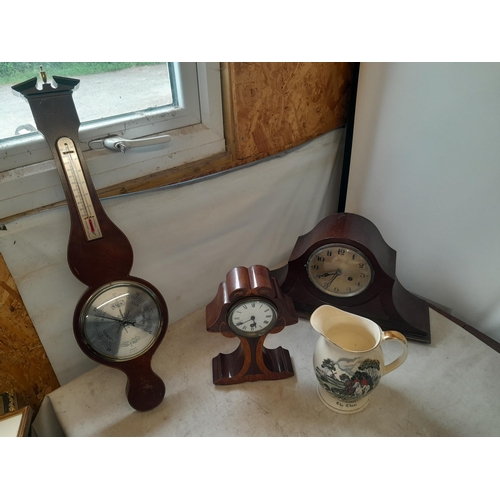 192 - Vintage Comitti barometer, 2 x mantle clocks, 1 x musical Crown Devon tankard for restoration