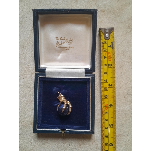 373 - Interesting hallmarked 9 ct gold and lapis ball and claw charm in a Richard Ogden presentation box o... 