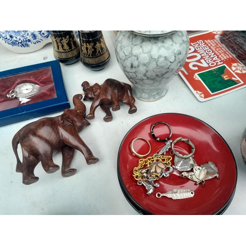 415 - Decorative china and glassware Christmas decorations , petrol lighter, compass in hardwood case etc.