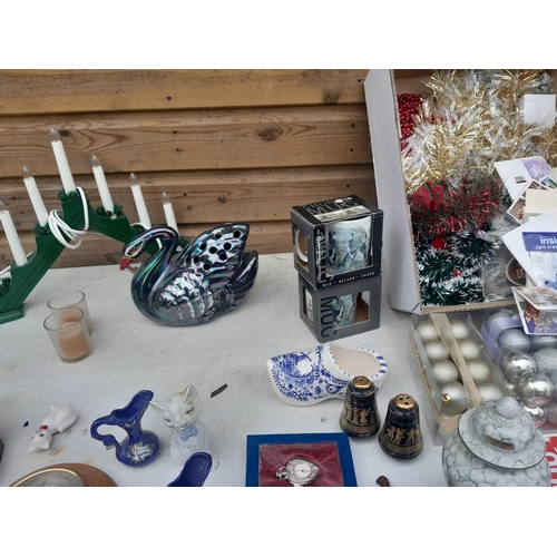 415 - Decorative china and glassware Christmas decorations , petrol lighter, compass in hardwood case etc.