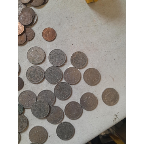 429 - Coins : UK coinage in a tin, very, very small amount of pre 1947 noticed