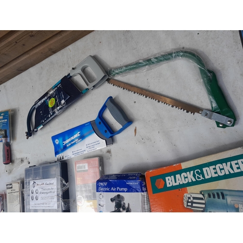 436 - Mainly new old stock : tools : saws, fixings, electric air pump, heat gun etc.