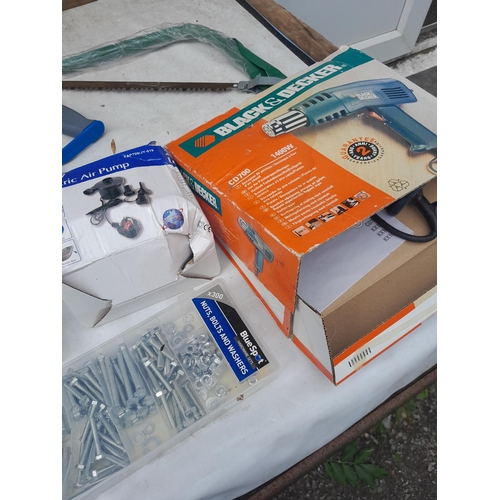 436 - Mainly new old stock : tools : saws, fixings, electric air pump, heat gun etc.