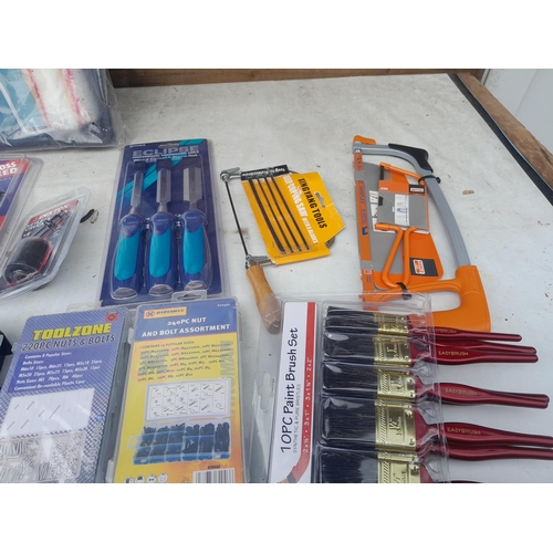 437 - Mainly new old stock : tools : brushes, roller, chisels saw and fixings