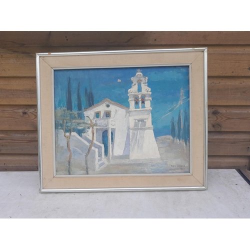 453 - Dora Prower (British 1907 1996) signed and dated 1966,  Church At Benitses framed with John Whibley ... 