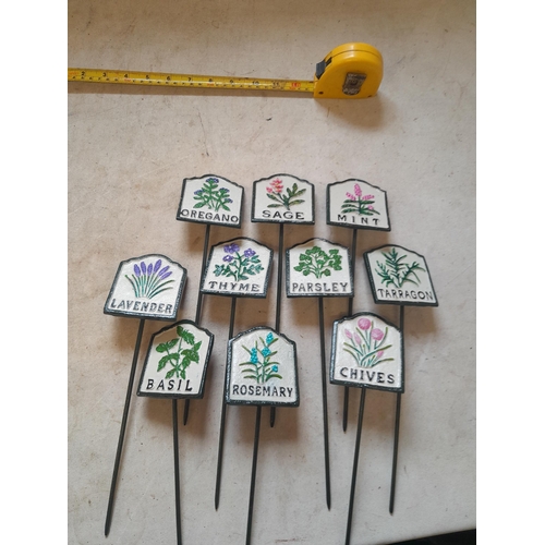 110 - 10 x painted cast iron herb labels