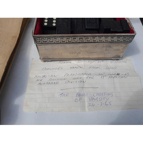 275 - Military issue satchel and set of dominoes with possible provenance of Once property of DCD combatan... 