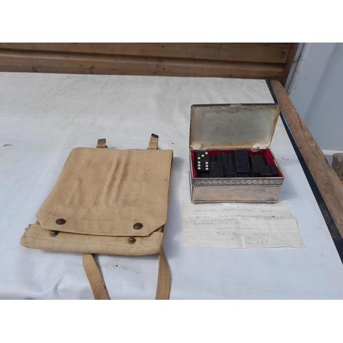 275 - Military issue satchel and set of dominoes with possible provenance of Once property of DCD combatan... 