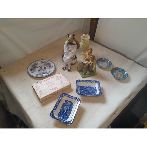 445 - Collection of china : 2 x blue and white shredded wheat dishes  , 2 x Japanese studio pottery dishes... 