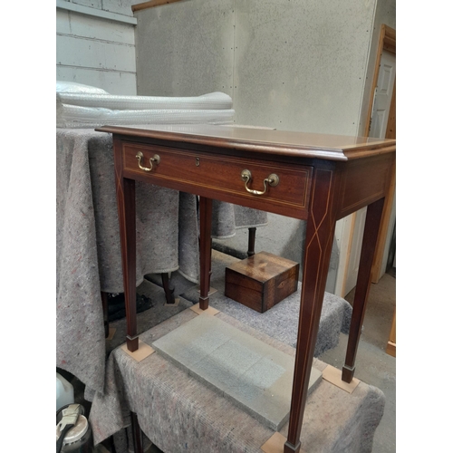 50 - Late 19th century mahogany side table with single drawer, inlaid and cross banded on tapering square... 