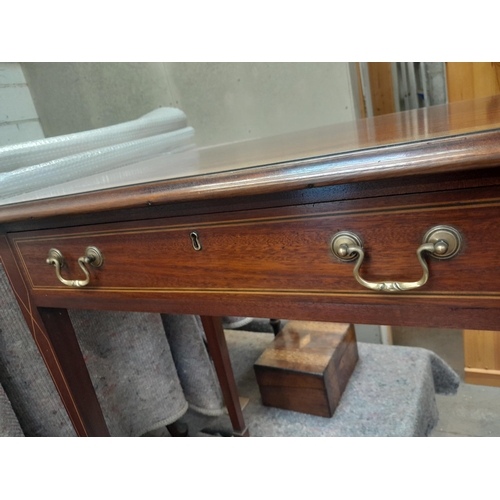 50 - Late 19th century mahogany side table with single drawer, inlaid and cross banded on tapering square... 