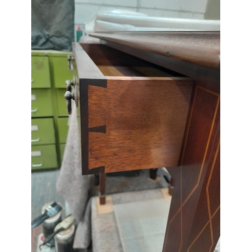 50 - Late 19th century mahogany side table with single drawer, inlaid and cross banded on tapering square... 