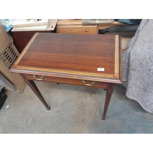 50 - Late 19th century mahogany side table with single drawer, inlaid and cross banded on tapering square... 