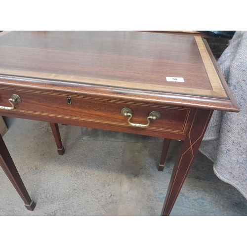 50 - Late 19th century mahogany side table with single drawer, inlaid and cross banded on tapering square... 