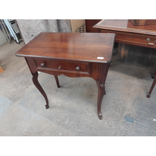 53 - Vintage mahogany side table on wavy legs with single drawers 74 cms x  44 cms x 77 cms