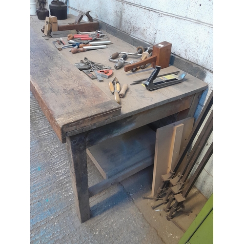 79 - 19th century country house dining table converted to a workshop bench with a record plane No 53 E at... 