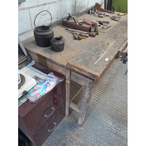 79 - 19th century country house dining table converted to a workshop bench with a record plane No 53 E at... 