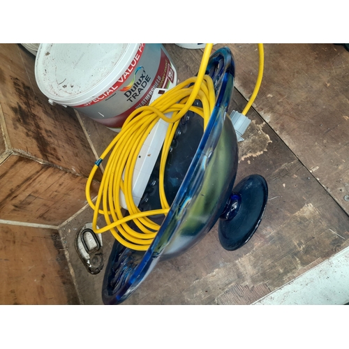 29 - Blue glass bowl, 110 volt cable & 2 pots of white paint unused