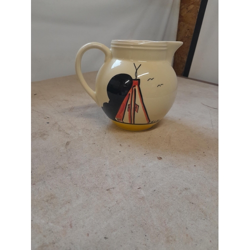 36 - Clarice Cliff inspired Hill Top pattern studio pottery jug by Crown Devon by Dorothy Anne