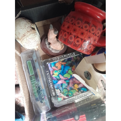 10 - Assorted oddments, some painting related items , toys, dolls , die cast cars, resin , wood and potte... 