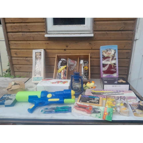 19 - Box of oddments : water gun, dolls, crafting items, Wolf shears some new old stock