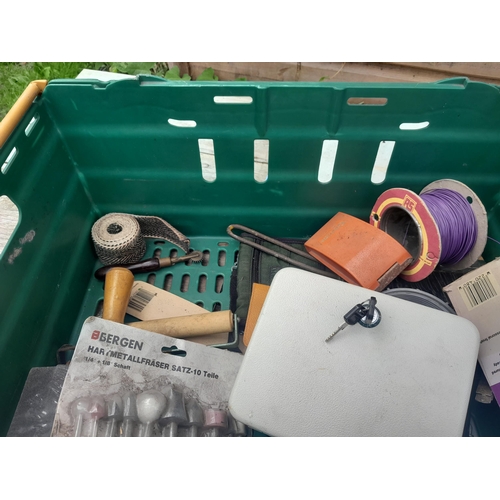 45 - Box of oddments : vintage flour sifter and mincer, reel, Parker pens and some items for restoration ... 