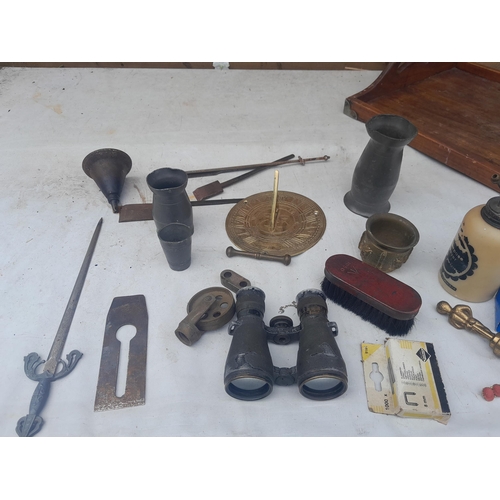 47 - Box of oddments : German Military interest binoculars, brush, oak tray, brassware, modern sundial, v... 