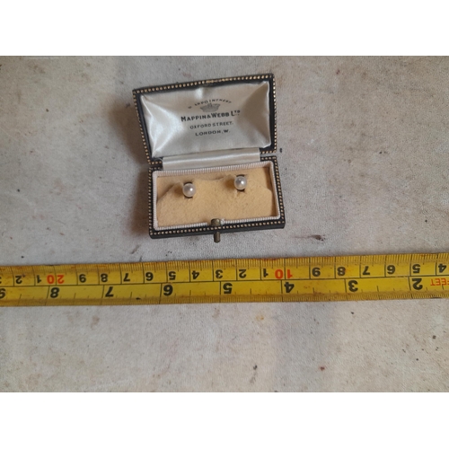 77 - Unmarked 9 ct gold and simulated pearl studs in Mappin and Webb presentation box