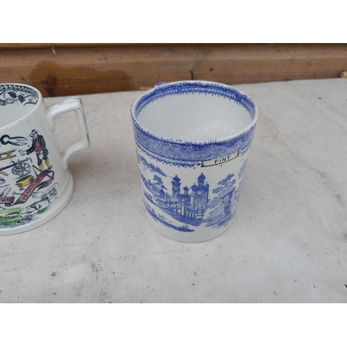 87 - 4 x 19th and 20th century cider mugs : blue and white Bovey Tracy Pottery (note crows foot), 1 pint ... 