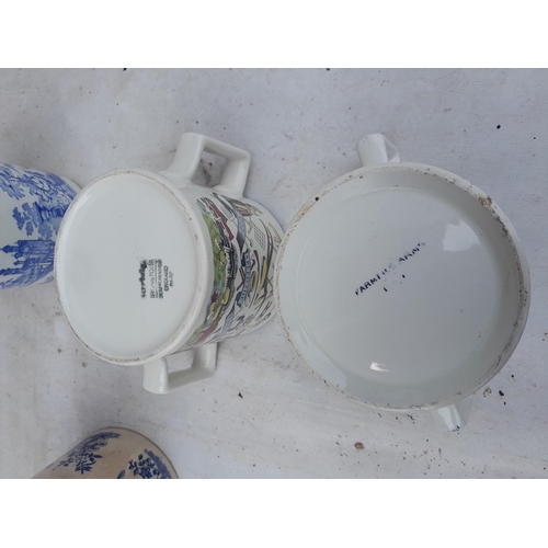 87 - 4 x 19th and 20th century cider mugs : blue and white Bovey Tracy Pottery (note crows foot), 1 pint ... 