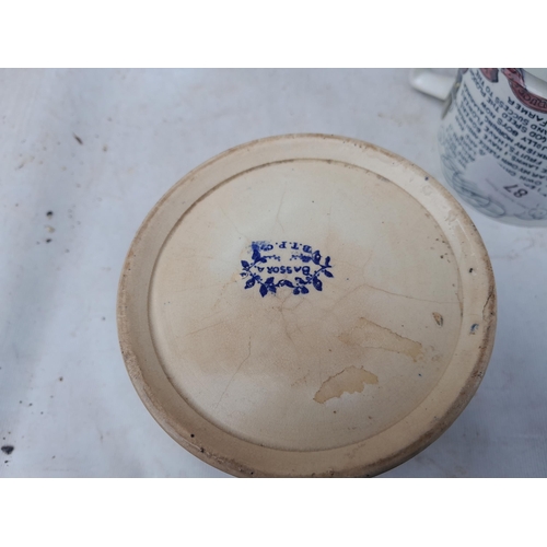 87 - 4 x 19th and 20th century cider mugs : blue and white Bovey Tracy Pottery (note crows foot), 1 pint ... 