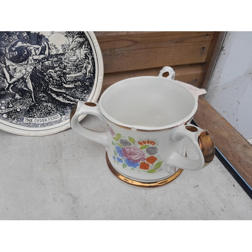 91 - Vintage Taunton Pottery cider mugs and plate, note some condition issues