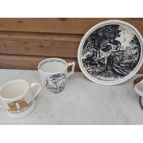 91 - Vintage Taunton Pottery cider mugs and plate, note some condition issues