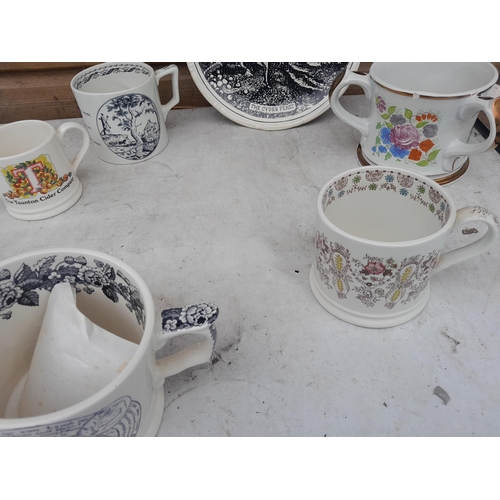 91 - Vintage Taunton Pottery cider mugs and plate, note some condition issues