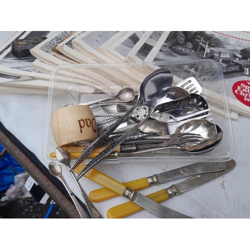 107 - Box of cutlery, Railway Enthusiast magazines , Peco streamline track etc.