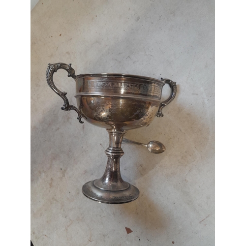 111 - Solid silver trophy : W Broadhurst Challenge Cup Sheffield 1910 Walker & Hall 550 g & New York teasp... 