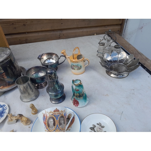 126 - Silver plated ware, commemorative ware, matchboxes and oddments, windmill lamp