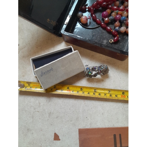 131 - Costume jewellery, 2 x Harrods advertising boxes, beads, low grade silver bangle etc.