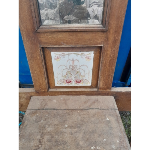 136 - Edwardian red walnut carved coat stand/ hall rack  with inset tile