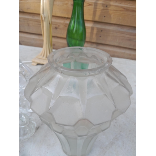 224 - Cut and other glassware, resin lamp, scent bottle, Art Deco frosted glass vase chipped